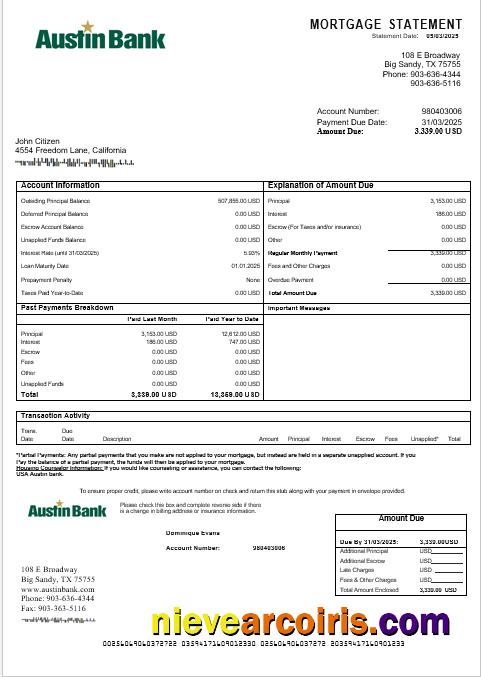 USA Austin bank mortgage statement